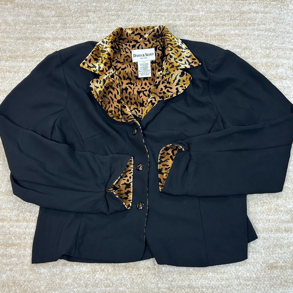 Danny & Nicole New York Black Blazer Leopard Print Trim Button Front Size 16